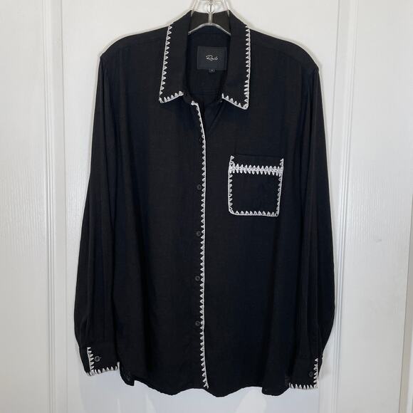 Rails Charli Shirt in Black Blanket Stitch Embroidered Linen Blend Western L - Picture 3 of 8